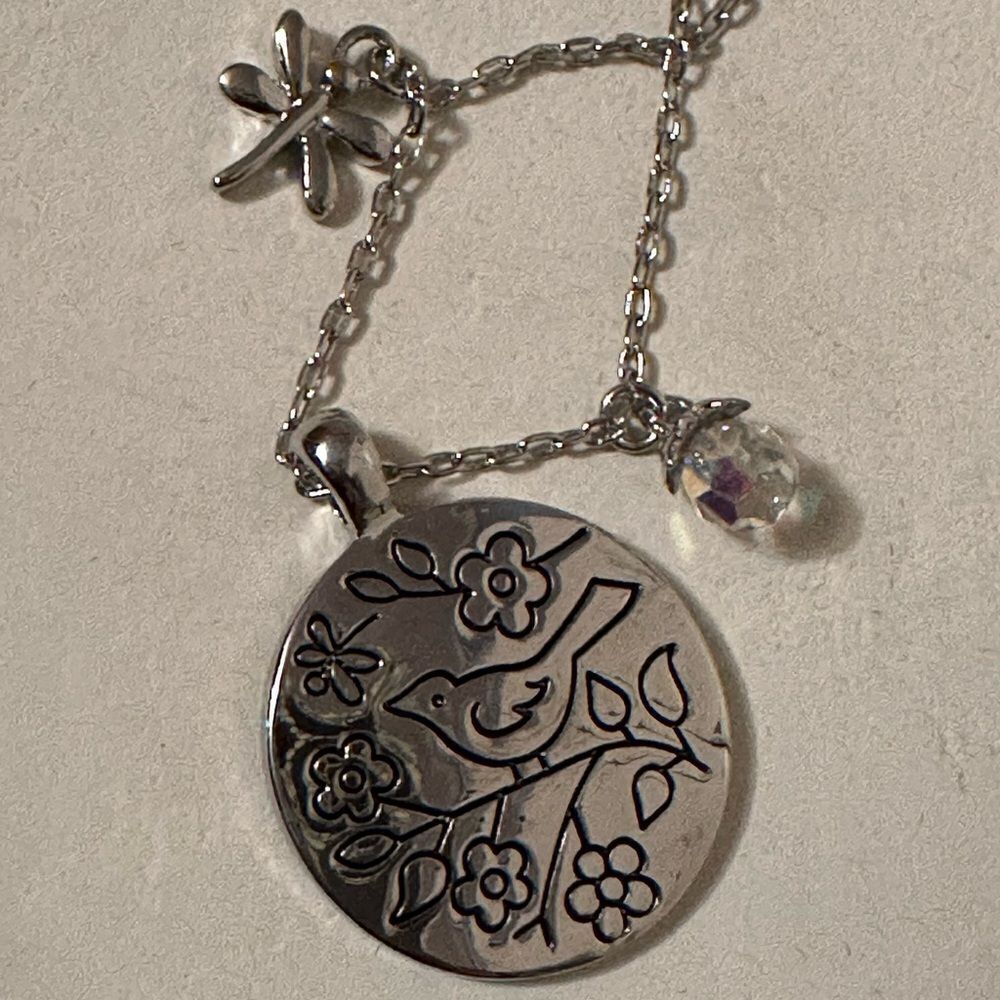 Macys etched bird pendant necklace silver dragonfly charm